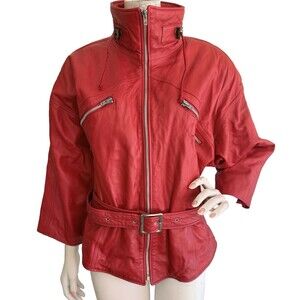 PANO SERETI New York Vintage 80s Red Genuine Leather Jacket Zip Front Belted M